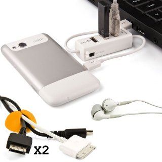 Computer Desk Organizer Accessories Kit ; Sony Xperia ion White Mobile Phone Charger USB 2.0 HUB + x2 Golden Yellow Cable Organizers + White Universal Earbud Earphones : Office Desk Organizers : Office Products