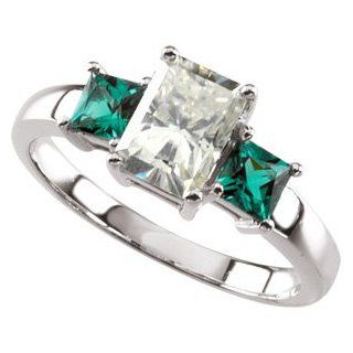 Ann Harrington Jewelry 14k White Gold 1 Ct (7x5 Mm) Emerald Cut Charles & Covard Created Moissanite And 3.5 mm Princess Cut Chatham Emerald 3 Stone Ring: Jewelry