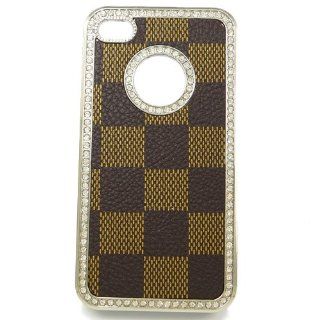 Brown & Tan Checkerboard Snap on Bling iPhone (4 / 4s) Cover Case with Faux Clear Jewels & Fashion Design   Snap on Clear Iphone Cover Case for 4/4s Iphone   Height:4.5 Inches X Width: 2.5 Inches X Thickness:0.5 Inches: Jewelry