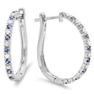 0.50 Carat (ctw) 14k White Gold Round Blue Sapphire and White Diamond Ladies Hoop Earrings 1/2 CT: Jewelry