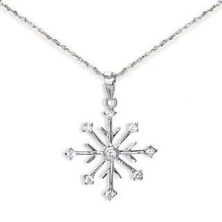 Snowflake Necklace Pendant 8 point with 9 CZs Rhodium on Sterling Silver, 20 inch: Jewelry