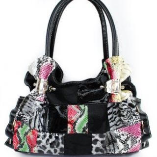 "C C" Signature Jacquard Cleto Animal Print Patchwork Oval Buckled Lace stitched Ruched Ruffle Style Designer Inspired Shoulder Fashion Tote Satchel Handbag Purse in Black Snakeskin Crocodile Leopard: Clothing