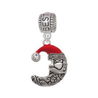 Large Crescent Moon Enamel Santa Face with Crystal Best Friend Charm Bead Jewelry