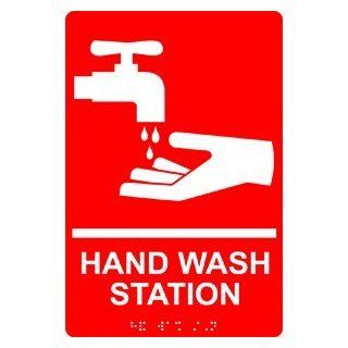 ADA Hand Wash Station Braille Sign RRE 998 WHTonRed Hand Washing : Business And Store Signs : Office Products