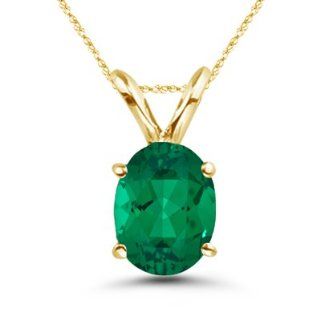 0.35 0.54 Cts of 6x4 mm AAA Oval Russian Lab Created Emerald Solitaire Pendant in 14K Yellow Gold: Chain Necklaces: Jewelry