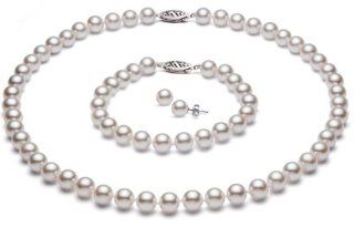 PremiumPearl 7 7.5mm White Cultured Akoya Saltwater Pearl Set AAA Quality White Gold: Pearl Strands: Jewelry