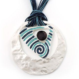 Tribal Hammered Round Blue Silk Cord Pendant (Silver Tone): Pendant Necklaces: Jewelry