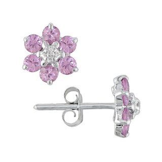 10k White Gold Pink Sapphire and Accent Diamond Earrings (0.01 Cttw, G H Color, I2 I3 Clarity): Stud Earrings: Jewelry