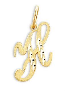 Cursive H Initial Charm 14k Yellow Gold Letter Pendant Solid: Jewelry