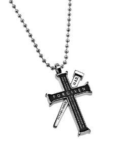 Christian Mens Black Stainless Steel Abstinence "Forgiven  Jesus: In Whom We Have Redemption Through His Blood, The Forgiveness Of Sins, According To The Riches Of His Grace" nail reads "Established 33 A.D.", and back reads "Ephesi