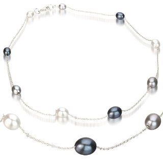 Sterling Silver 6 10mm Oval Multi Color White, Grey and Black Graduated Freshwater Pearl Tin Cup Necklace AAA Quality, 18+2 Inch: Unique Pearl: Jewelry