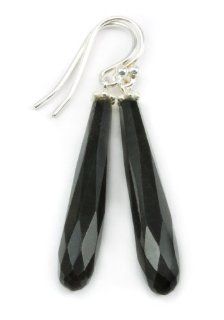 Sterling Silver Black Jade Earrings Natural AAA Quality Long Drop Teardrops: Dangle Earrings: Jewelry