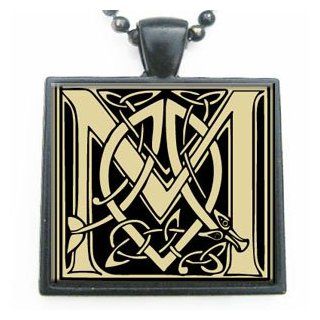 Beautiful Celtic Letter M Glass Tile Pendant Necklace with Black Chain: Jewelry