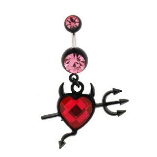 Black Anodized Stainless Steel Belly Ring   Pink Cubic Zirconia   Heart with Devil Horns, Tail, and Pitchfork   14g: Jewelry