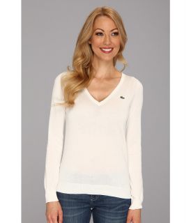 Lacoste L/S Extra Fine Cotton V Neck Sweater Womens Sweater (White)