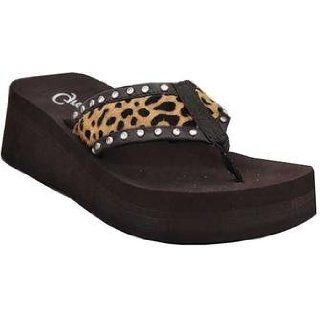 Grazie Flip Flops Dina Leopard M 11 Brown Wedge Heel Animal Print Strap with Crystals Shoes