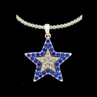From the Heart Beautiful Blue & Clear Crystal Rhinestone Star Necklace on 18 inch Silver Metal Chain Star is approximately 1 inch long & 1 inch wide.Gift Boxed  Celebrate the Dallas Cowboys or any Occasion with these Beautiful EarringsThey Spark