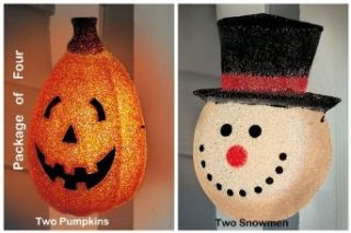Outdoor Holiday Porch, Garage Lights  Two Pumpkins & Two Snowmen  Hang right over your existing fixture  Package of Four (4). Approximately 12 Inches high x 9 inches wide. One for Halloween and one set for Winter!   Outdoor Post Light Accessories  