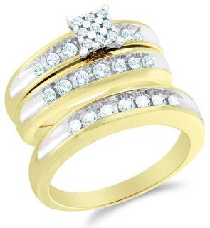10K Two Tone Gold Diamond Mens and Ladies His & Hers Trio 3 Three Ring Bridal Matching Engagement Wedding Ring Band Set   Square Princess Shape Center Setting w/ Pave Channel Set Round Diamonds   (3/4 cttw)   SEE "PRODUCT DESCRIPTION" TO CHOO