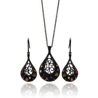 Nickel Free Brass Necklace & Earring Sets Black Rhodium Open Teardrop With Multi Color Cubic Zirconia Set Pendant Measurement: 19.8mm X 34mm Earring Measurement: 28.4mm X 15.2mm Chain: Adjustable 16 18 Inches: Jewelry