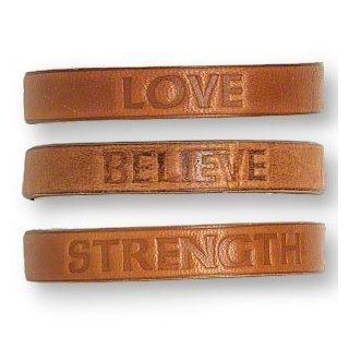 Set of 3 Brown Leather Bracelets with LOVE, BELIEVE, and STRENGTH Message Adjustable to 11 inches: Believe Bracelet Large: Jewelry