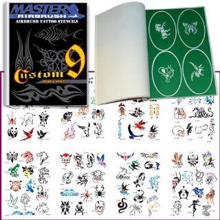 Master Airbrush Brand Airbrush Tattoo Stencils Set Book #9 Reuseable Tattoo Template Set, Book Contains 100 Unique Stencil Designs, All Patterns Come on High Quality Vinyl Sheets with a Self Adhesive Backing.
