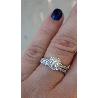 .75CT Diamond Halo Wedding Ring Set 14K White Gold: Engagement Rings: Jewelry