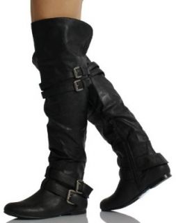 Black Leatherette Double Buckle Cuff Over the Knee High Heel Boots Vickie 16 HI: Shoes