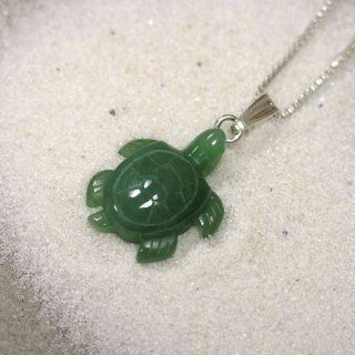 Hand Carved Nephrite Jade Turtle Pendant Necklace w/ Wooden Gift Box: Jewelry