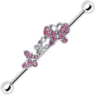 Pink Gem Soaring Butterfly Industrial Barbell 37mm: Body Piercing Barbells: Jewelry