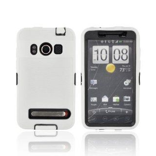 Solid White Black HTC EVO 4G Hybrid Case Cover w/ Built In Anti Scratch Screen Protector; Dual Layer Hard Plastic Cover on Anti Shock Silicone Skin; Coolest Sim Protective Case Cover for EVO 4G Supports HTC 4G Devices From Verizon, AT&T, Sprint, and T 