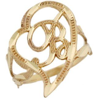 10k Real Gold Cursive Letter B Diamond Cut 2.3cm Unique Heart Initial Ring: Jewelry