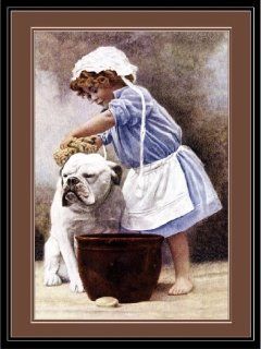 Picture Print Pet Bulldog Bull Dog & Child Getting a Bath Art : Everything Else