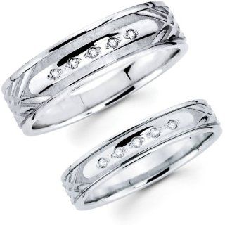 Carved Design 14K White Gold His and Hers Wedding Rings: Jewelry