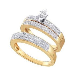 10k Yellow Gold Marquise Diamond Solitaire Men + Womens His Hers Matching Trio Bridal Wedding Engagement Ring & Anniversary Band Set   .50 (1/2) Ct.t.w.: Jewelry