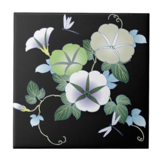 Vintage Morning Glory Dragonfly Floral 謹賀新年 Ceramic Tile
