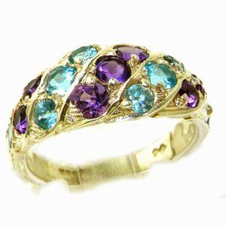 Unusual Large Solid Yellow 9K Gold Natural Vibrant Amethyst & Blue Topaz Victorian Inspired Ring   Finger Sizes 5 to 12 Available: Jewelry