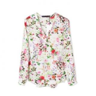 WHATWEARS Womens V neck Floral Print Roll up Loose Chiffon Shirt Blouse Tops at  Womens Clothing store