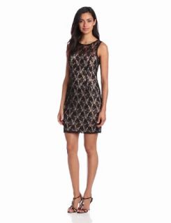 Adrianna Papell Women's Lace Dress with Sheer Back, Champagne/Black, 12