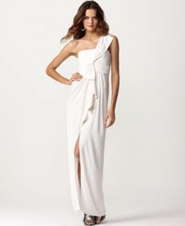 BCBGMAXAZRIA Dress, One Shoulder Pleated Bow Empire Waist White Evening Gown   Dresses   Women