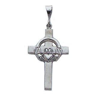Charm   14kt Solid White Gold Claddaugh Cross Pendant: Jewelry