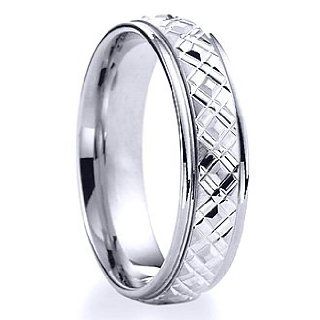 6.0 Millimeters 14Kt White Gold Ring with Crisscross Diamond Cut Center and Bright Ridges, Comfort Fit Style RB37 206W6 by Wedding Rings by Oromi: Wedding Bands: Jewelry