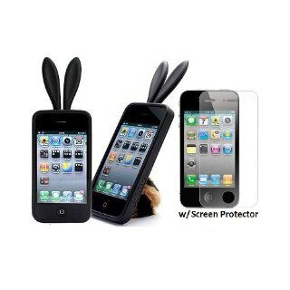 Black Cute 3D Bunny Rabbit Ears Furry Tail Soft Gel Apple iPhone 4S 4 Cover Case w/ Screen Protector: Cell Phones & Accessories