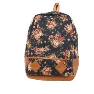 fancasen Black Color Vintage Cute Flower Pattern School Bag Book Campus Bag Backpack: Shoes