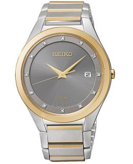 Seiko Mens Solar Diamond Accent Two Tone Stainless Steel Bracelet Watch 39mm SNE344   Only at!   Watches   Jewelry & Watches