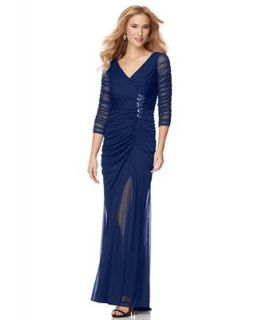 Adrianna Papell Petite Dress, Three Quarter Sleeve Ruched Evening Gown   Dresses   Women