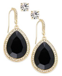 INC International Concepts Gold Tone Black Diamond Stone and Pave Edge Teardrop and Round Clear Crystal Stud Earring Set   Fashion Jewelry   Jewelry & Watches
