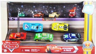 Mattel 1:55 Scale Diecast Disney Pixar Movie Series "Cars" Exclusive Piston Cup Nights Racing Series Speedway 9 pack Set with Dash Boardman, Houser Boon, Tim Rimmer, Timothy Twostroke, Lightning Mcqueen, the King, Chick Hicks, Sidewall Shine No.7