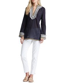 Tory Burch Tory Embroidered Voile Tunic & Tessa Relaxed Twill Pants