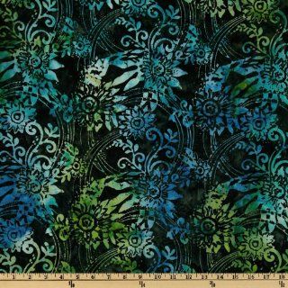 108'' Wide Tonga Batik Quilt Backing Swirled Floral Night Sky Green Fabric